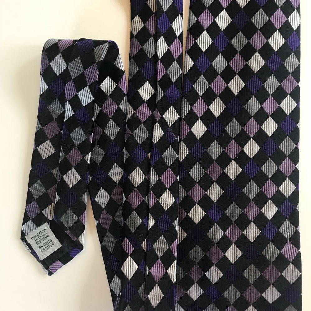 100% silk tie: Gray, purple, black checkered.